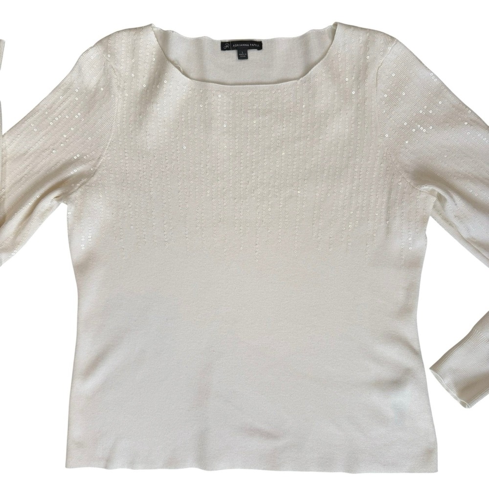 Adrianna Papell‎ Womens Sequin Sweater Large Ivory Boat Neck Quiet Luxury Glam